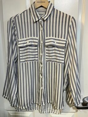 Striped Long-Sleeve Button-Down Shirt in Navy and White